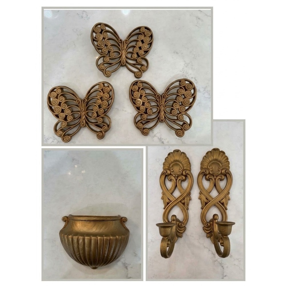Vintage Homco Gold Wall Decor - Candle Holders, Butterflies and Vase MCM  6pcs